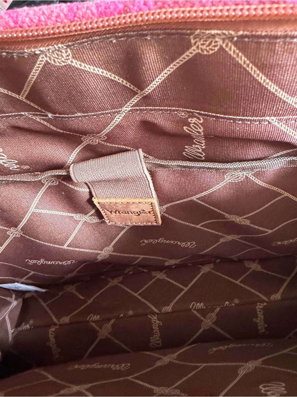 Wrangler Burgundy & Pink Patterned Tote with Brown Leather Handles - Picture 4 of 4